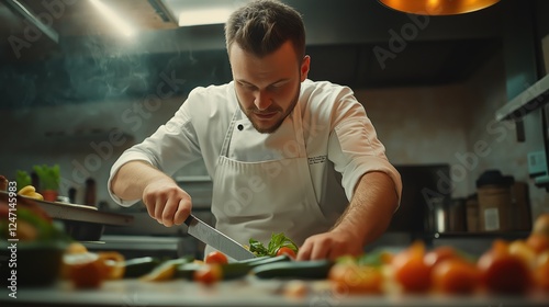 Chef cutting vegetable on kitchen table top with knife in a restaurant