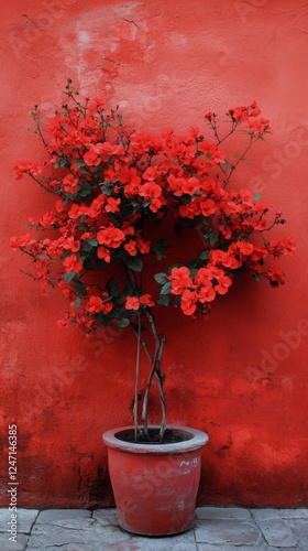 Vibrant red flowers blooming against a bold red wall during daylight hours