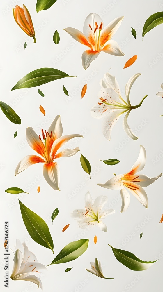Obraz premium Flowers, Fruits, Vegetables and Sliced ​​Greens Floating with Water Drops, Abstract Image, Texture, Pattern Background, Wallpaper, Cover and Screen for Smartphone, PC, Laptop, 9:16 and 16:9 Format