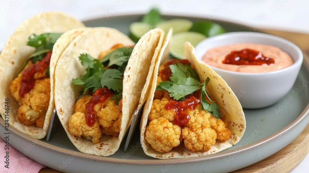 Delicious cauliflower tacos served with sauce and garnished with cilantro, presented on a modern plate with fresh lime wedges. Delicious cauliflower tacos served with sauce and garnished with cilantro, presented on a modern plate with fresh lime wedges.