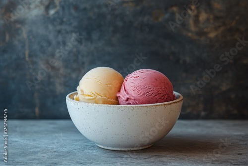 Delightful ice cream scoops in a bowl surrounded by cherry blossoms on a marb...