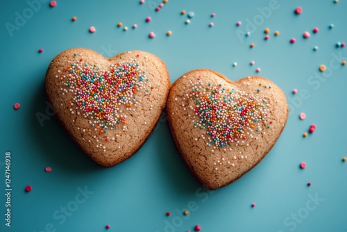 Heart-shaped cookies decorated with colorful sprinkles on a blue background