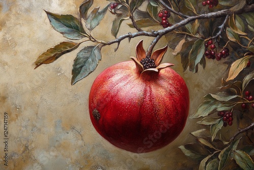 Vibrant pomegranate hanging from a branch against a textured blue wall
