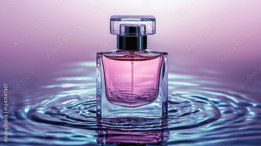 A sleek perfume bottle with a pink liquid sits atop rippling water, illuminated by soft purple hues, creating an elegant and serene atmosphere. A sleek perfume bottle with a pink liquid sits atop rippling water, illuminated by soft purple hues, creating an elegant and serene atmosphere.