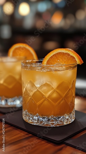 Refreshing orange iced teas served in two glasses with ice and citrus slices ...