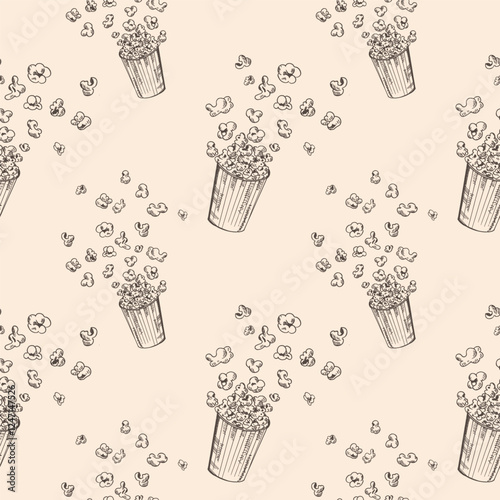 Vector seamless pattern with a pile of Popcorn corn. repeating background with fried corn in a glass in vintage engraving style. Hand drawn doodle with kernels for design, label, wrapping. Food, snack