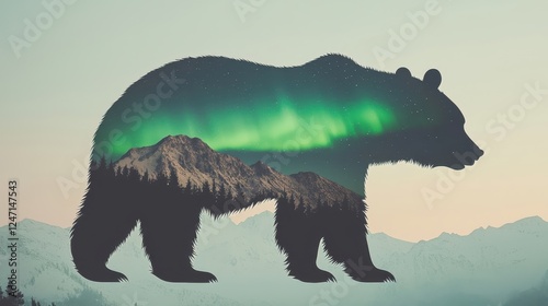 A silhouette of a bear filled with a vibrant aurora borealis and mountain landscape, blending nature's beauty into a striking visual representation.