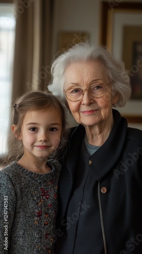 Special moment between grandmother and granddaughter at home entrance on a su...