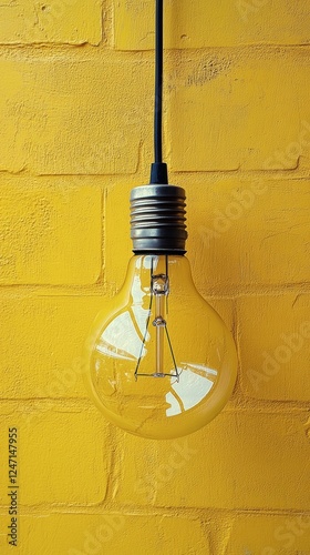 Bright vintage light bulb hanging against a vivid yellow background for inter...