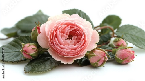 Delicate pink rosebud surrounded by vibrant green leaves in a serene garden s...