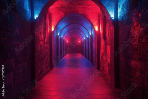 Vibrant tunnel illuminated with red and blue lights creates a mesmerizing atm...