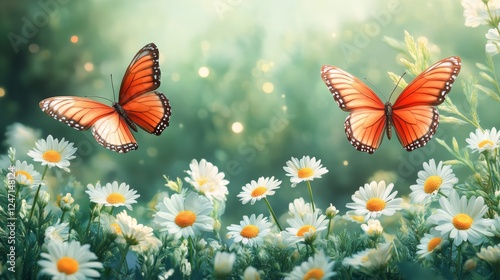Monarch butterflies fluttering over blooming daisies in a serene garden at dawn