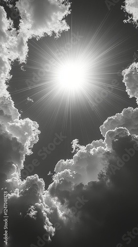 Bright sunlight breaking through clouds creating dramatic sky effect in black...