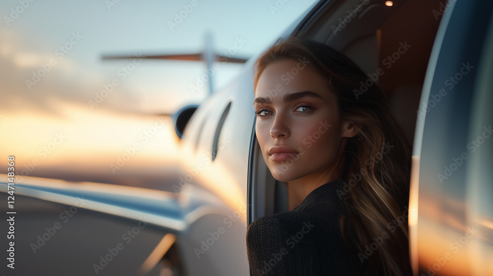 A glamorous woman gazes out of a private jet window, bathed in warm sunset light, embodying luxury and sophistication.