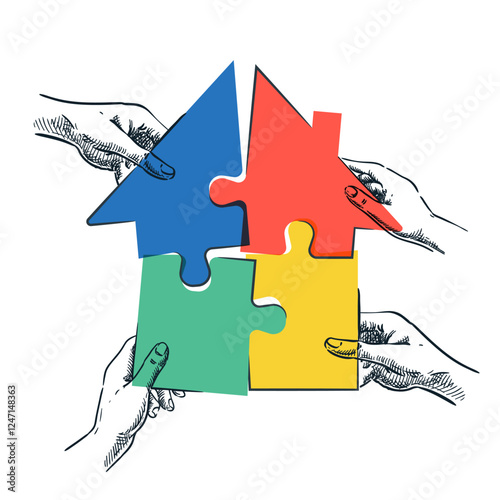 Hands joining house shape puzzle. Vector hand drawn sketch illustration. Real estate investment cooperation, concept
