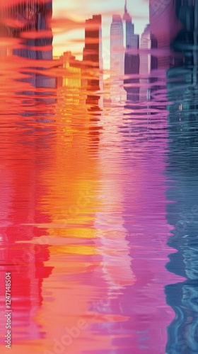 Vibrant reflections on water surface during urban evening lights with colorfu...