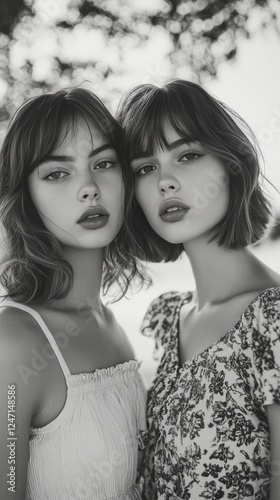 Sisters embracing under soft natural light with gentle expressions