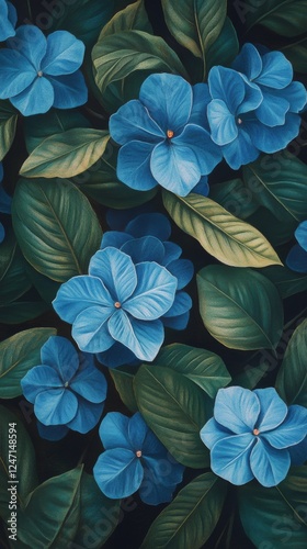 Vibrant blue flowers with lush green leaves in a beautifully detailed botanic...