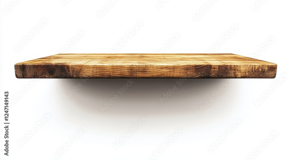 Obraz premium Isolated image of a wooden shelf on a white background, perfect for minimalist home decor.