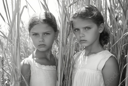 Twin girls standing in a field of tall grass during golden hour light