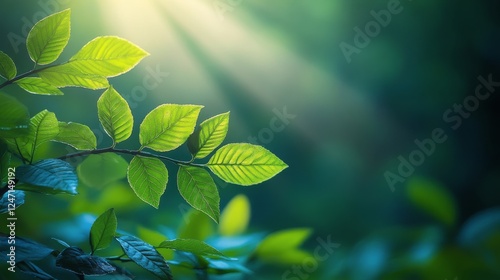 Sunlight filtering through lush green leaves in a serene forest setting