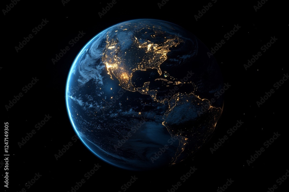 Fototapeta premium A breathtaking view of Earth illuminated at night highlighting cities and natural features