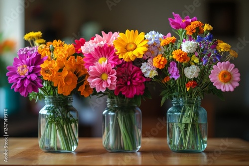 Colorful flower arrangements in jars placed on a wooden table by a bright window