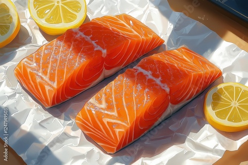 Fresh salmon fillets garnished with lemon and edible flowers on a rustic wood...