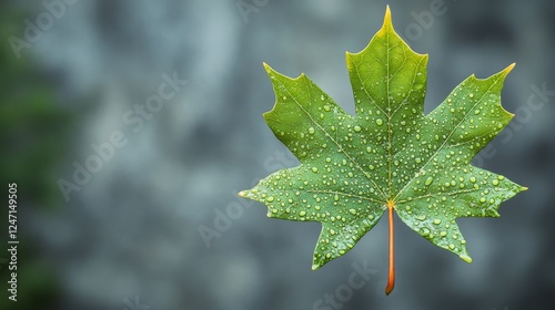 Green maple leaf with rain droplets on textured surface in autumn