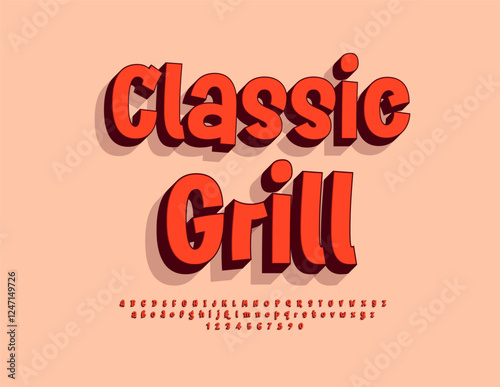 Vector Advertising flayer Classic Grill. Playful 3D Red Font. Modern Funny Alphabet Letters and Numbers set