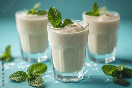 Refreshing mint yogurt drinks served in clear glasses on a blue background