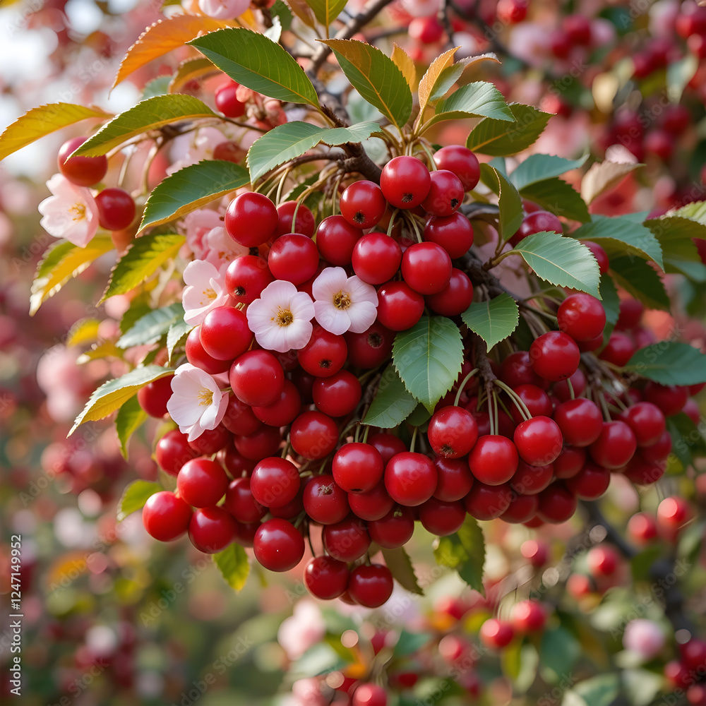 Close-up of a branch laden with ripe red cherries and delicate pink blossoms.This vibrant image showcases a cluster of plump, ripe red cherries hanging from a branch, interspersed with delicate pink b Close-up of a branch laden with ripe red cherries and delicate pink blossoms.This vibrant image showcases a cluster of plump, ripe red cherries hanging from a branch, interspersed with delicate pink b