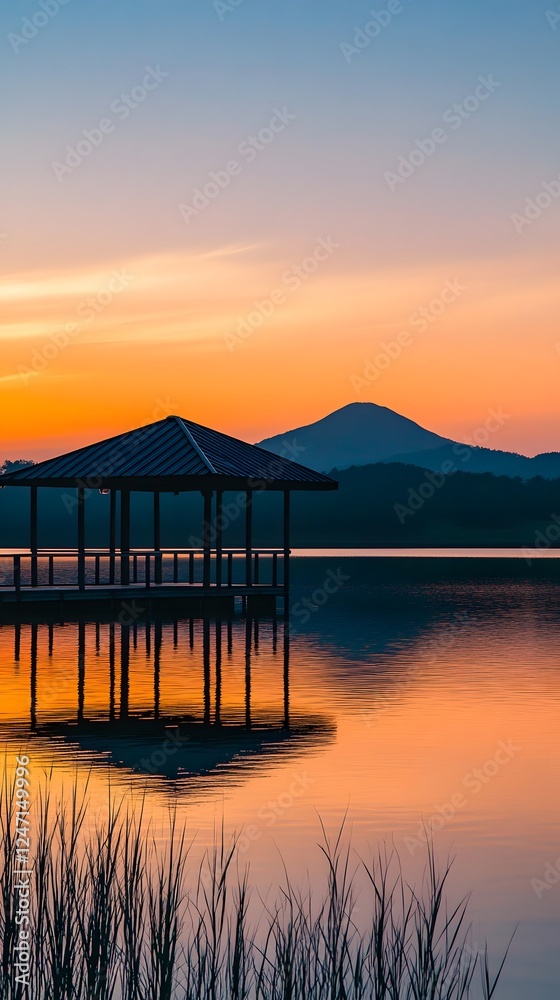 The silhouette of trees on the shore, reflecting in the calm waters at sunset

