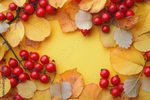 Vibrant autumn leaves and red berries arranged on a bright yellow background ...