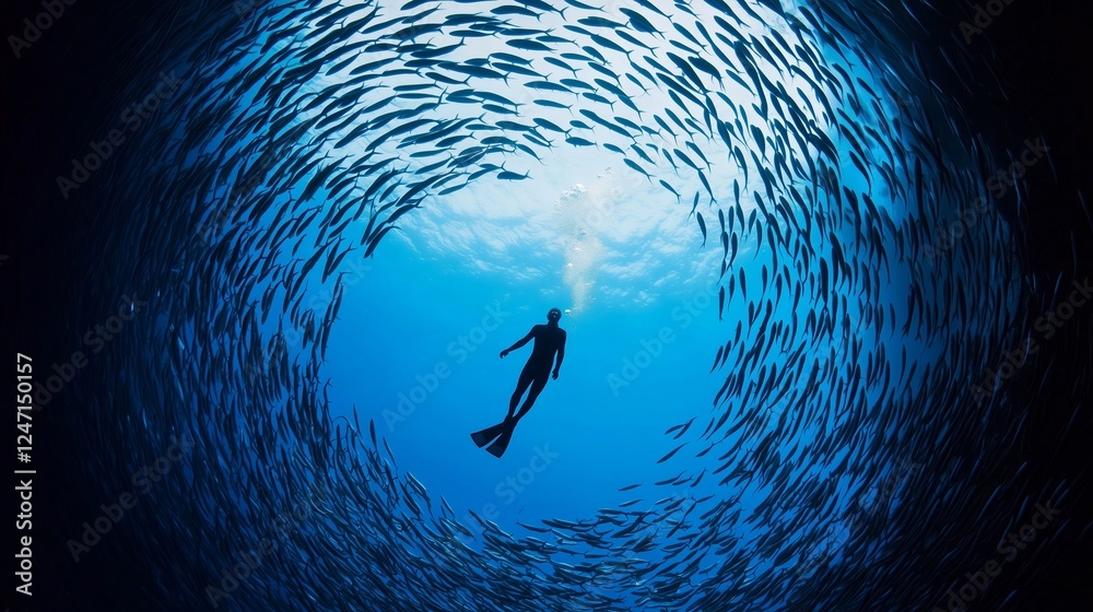 Diver surrounded by a mesmerizing school of fish underwater, with sunlight filtering through the ocean.