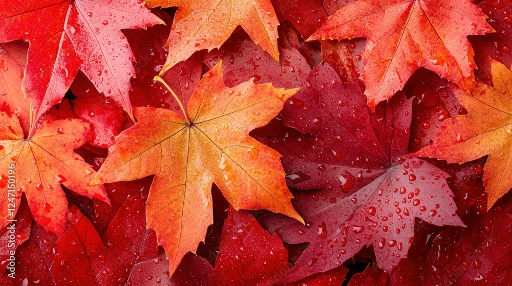 Autumn Maple Leaves, Dew Drops, Background, Fall Texture, Design Autumn Maple Leaves, Dew Drops, Background, Fall Texture, Design