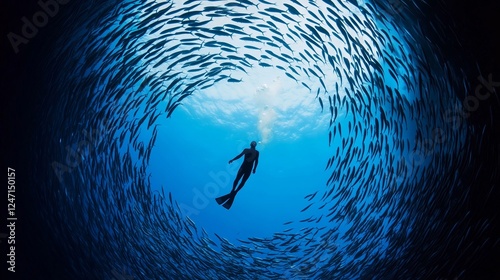 Diver surrounded by a mesmerizing school of fish underwater, with sunlight filtering through the ocean.