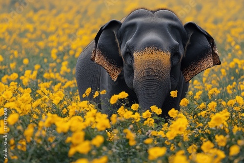 Elephant standing among vibrant yellow flowers in a picturesque field