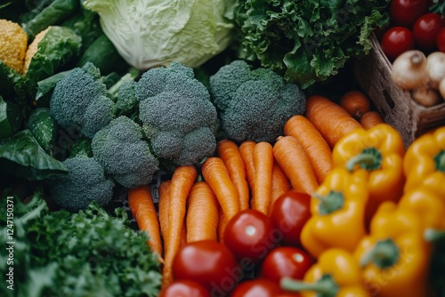 Colorful assortment of fresh vegetables arranged on a white surface for healt...