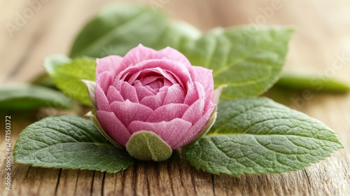 Delicate pink rosebud surrounded by vibrant green leaves in a serene garden s...