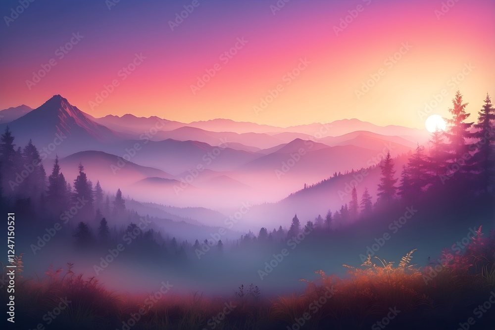 Obraz premium Traumhafte Landschaft mit Nebel und Sonnenuntergang in leuchtenden, warmen Farbtönen