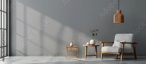 Wallpaper Mural Gray interior with armchair, side table, hanging lamp, and empty wall. Ideal for product presentation. Torontodigital.ca