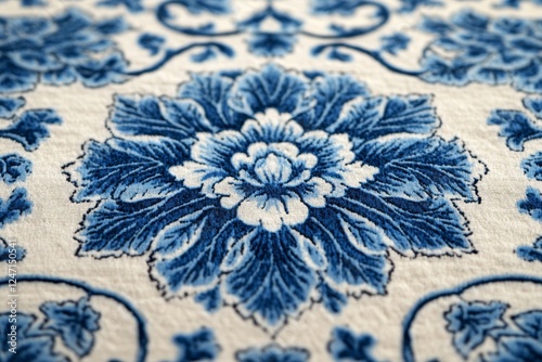 Elegant blue floral design on fabric showcasing intricate patterns and textures