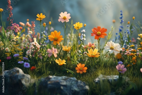Colorful assortment of flowers blooming in a lush green garden during springtime