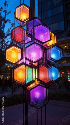 Colorful illuminated hexagonal tiles along a walkway at night in a vibrant se...