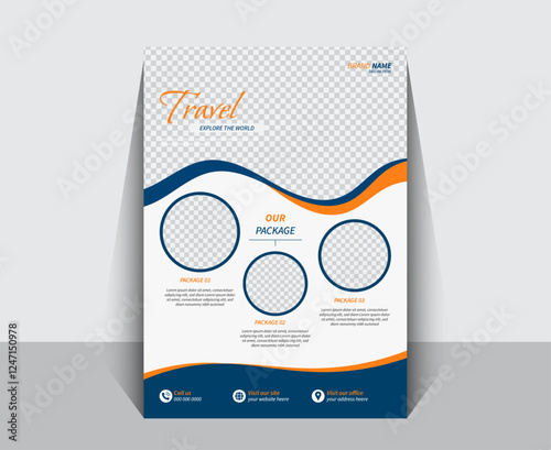 modern Travel poster brochure design layout space for photo background. Orange and dark blue color, Travel flyer template for travel agency banner, poster, social media post, marketing.