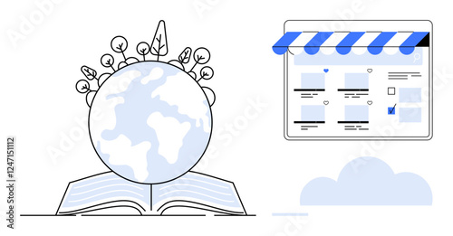 Open book with the Earth globe and tree growth beside an online digital store interface. Ideal for e-learning, global trade, environmental education, digital economy, online business, virtual