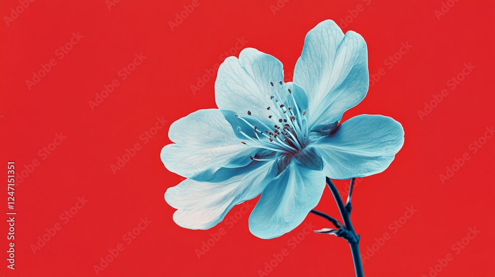 Obraz premium A close-up of a blue flower with delicate petals against a vivid red background, symbolizing purity, simplicity, and elegance in a modern artistic style.
