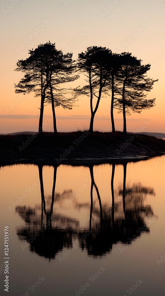 Fototapeta premium The silhouette of trees on the shore, reflecting in the calm waters at sunset 