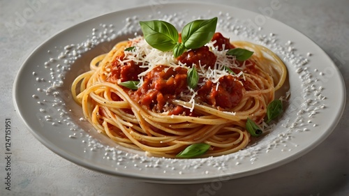 Spaghetti pasta with tomato sauce and fresh basil, Italian cuisine meal food photo
